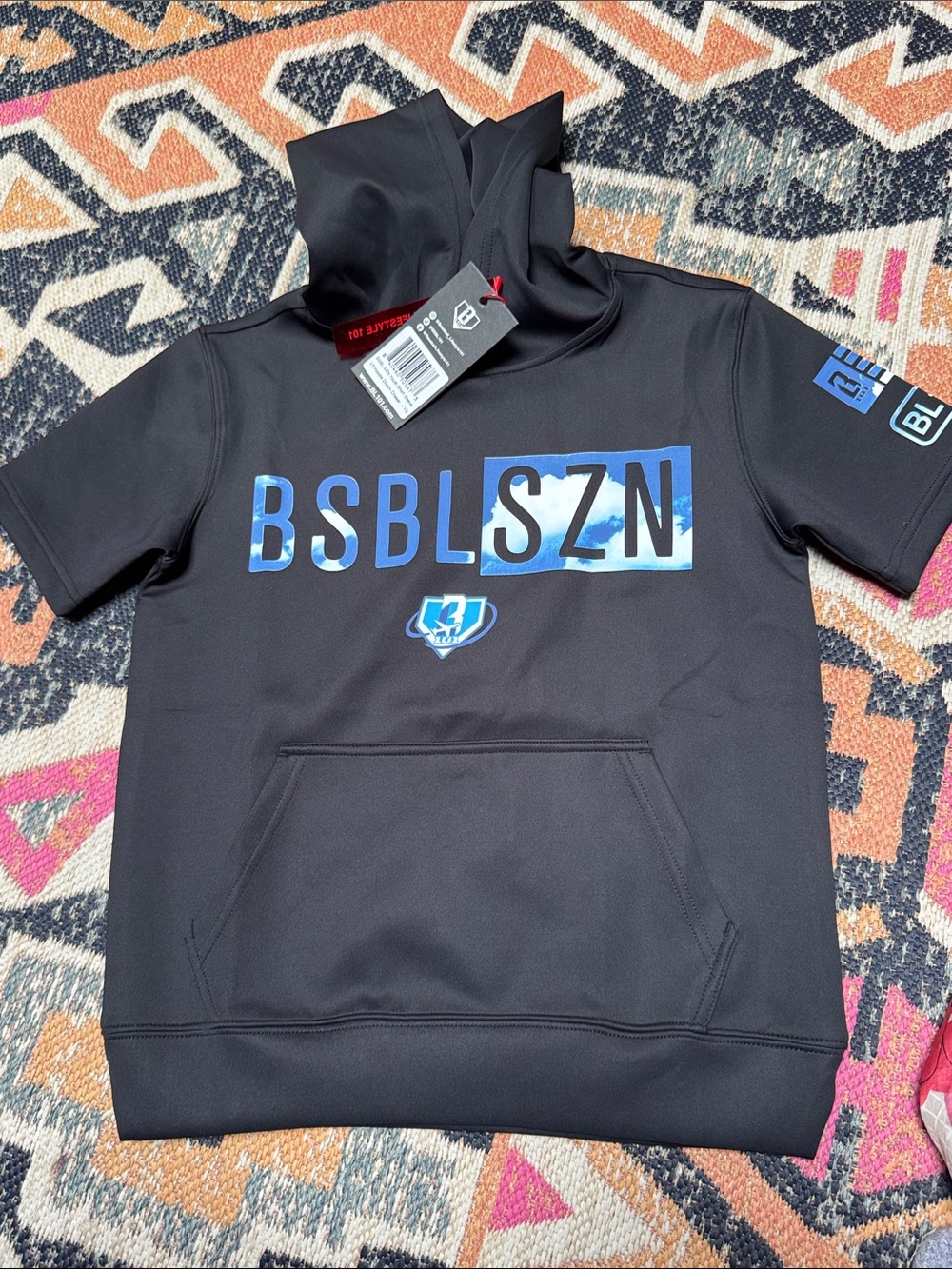 BSBL SZN Boys' Black Short-Sleeve Hoodie with Blue Graphic